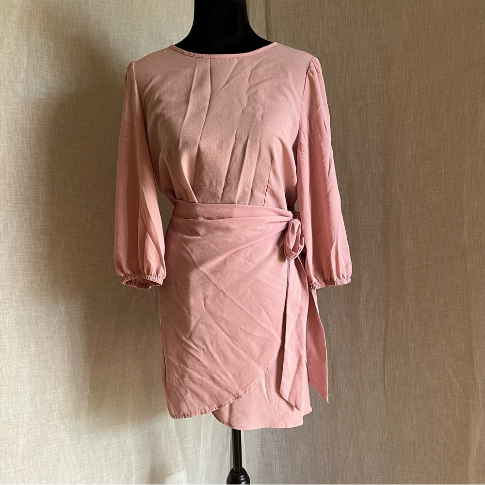 Midi Pink Wrap Dress with Three Quarter Inch Sleeves.